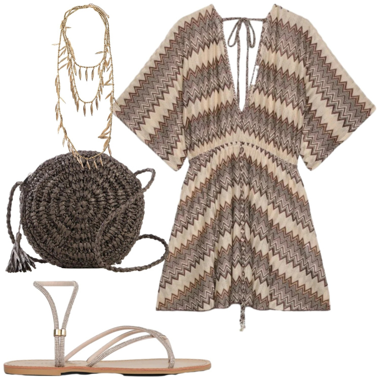 Outfit donna - Al mare. Stile Casual per Mare. Abbinamento con borse a tracolla, caftani, sandali, collane.