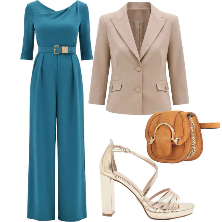 Outfit donna - Eleganza assicurata. Stile Glamour per Serata fuori. look ideale per Petite. Abbinamento con marsupi, tute, blazer, sandali col tacco.