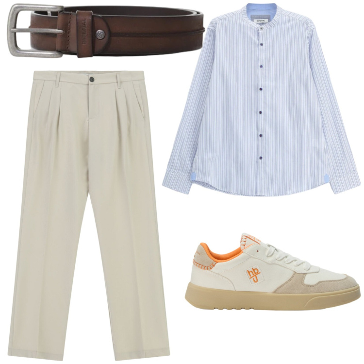 Outfit uomo - Leggero e sportivo. Stile Casual per Serata speciale. Abbinamento con pantaloni, cinture, camicie, sneakers.