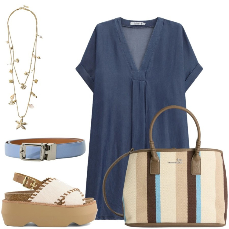 Outfit donna - Total look #2407073. Stile Casual chic per Tutti i giorni. Abbinamento con cinture, collane, shopping bag, vestiti lunghi, zeppe.