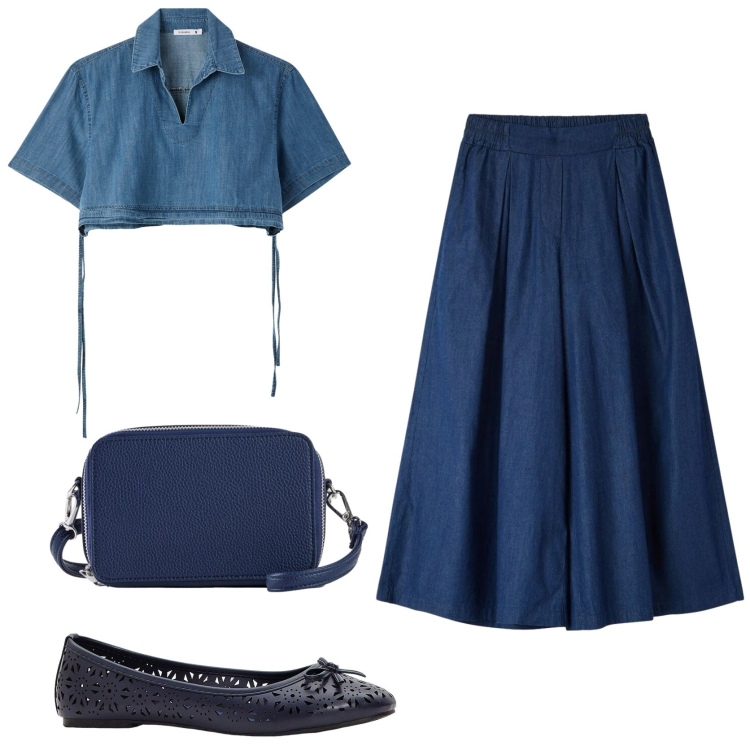 Outfit donna - Gonna blu e Denim easy chic. Stile Chic per Tutti i giorni. Abbinamento con ballerine, borse a tracolla, camicie a manica corta, gonne longuette.