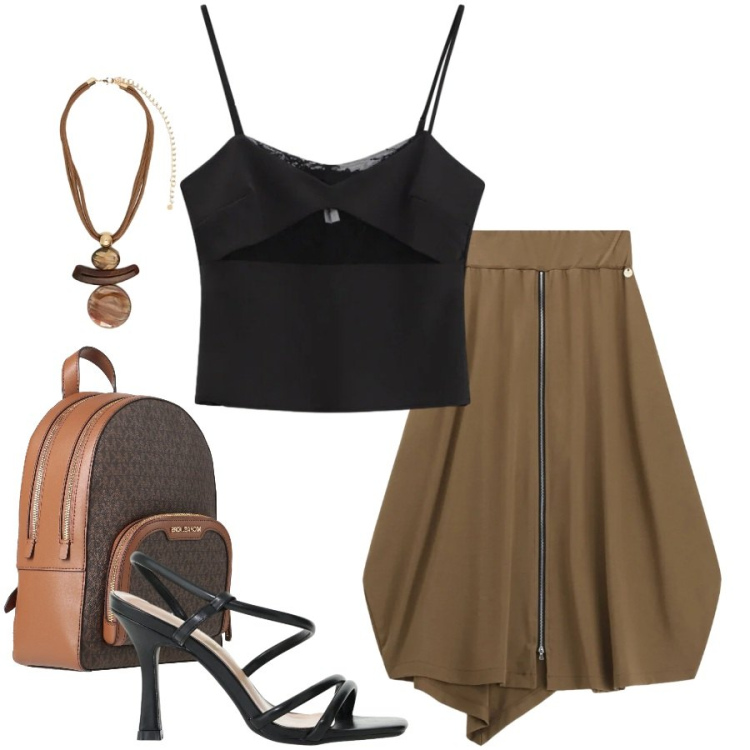 Outfit donna - Total look #2407079. Stile Casual chic per Tutti i giorni. Abbinamento con zaini, gonne longuette, canottiere, sandali col tacco, ciondoli.