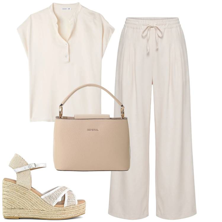 Outfit donna - Summer. Stile Urban per Tutti i giorni. Abbinamento con pantaloni, canottiere, borse a secchiello, zeppe.