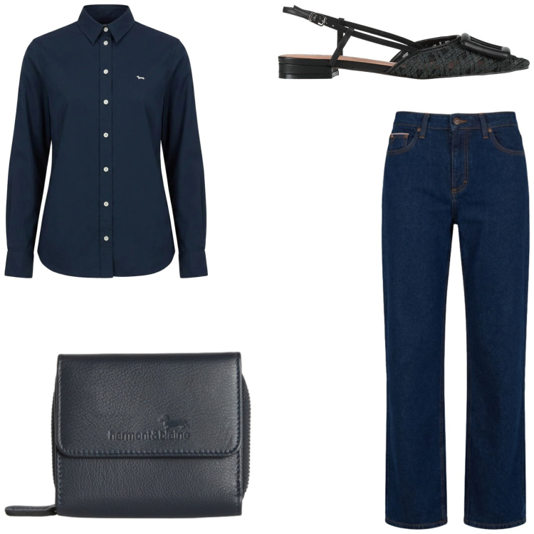 Outfit donna - Denim elevato. Stile Casual chic per Tutti i giorni. Abbinamento con ballerine, jeans, portafogli, camicie.
