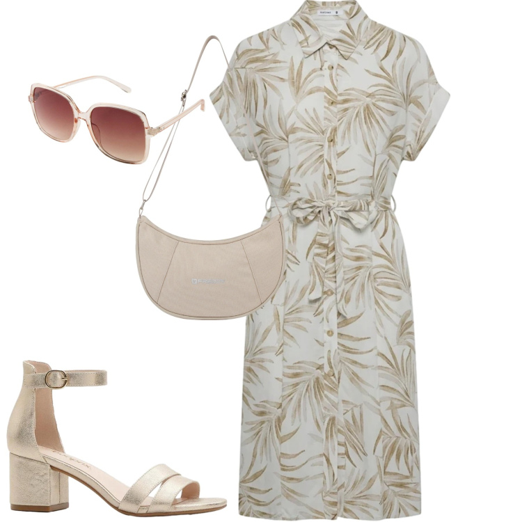 Outfit donna - City. Stile Urban per Tutti i giorni. Abbinamento con occhiali da sole, sandali col tacco, vestiti chemisier, borse a spalla.