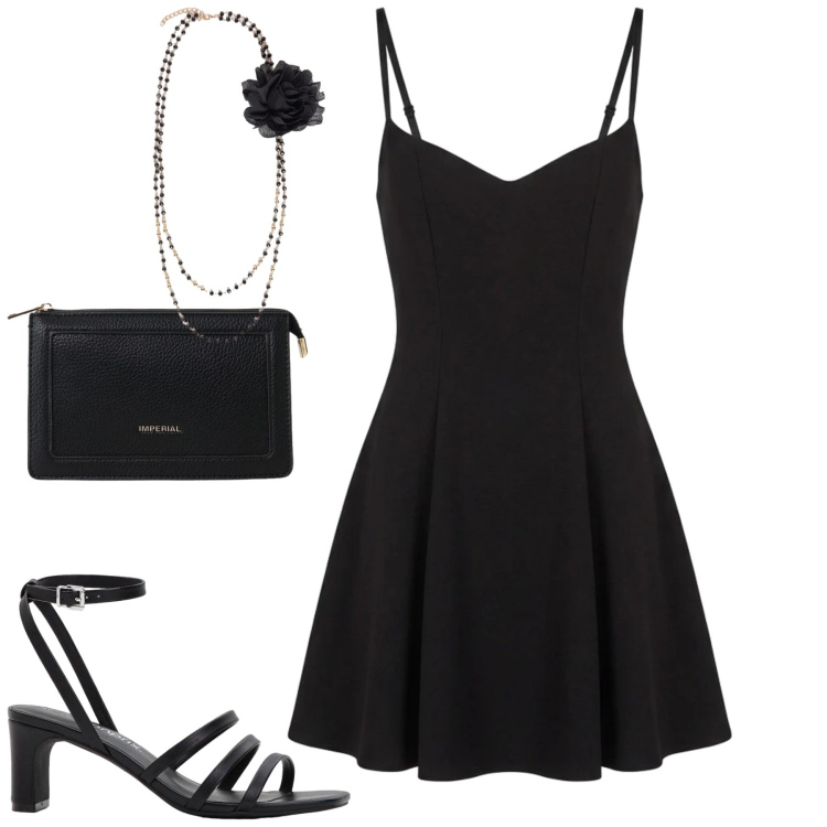Outfit donna - A cena. Stile Minimal per Serata fuori. Abbinamento con sandali col tacco, vestiti corti, borse a tracolla, collane.