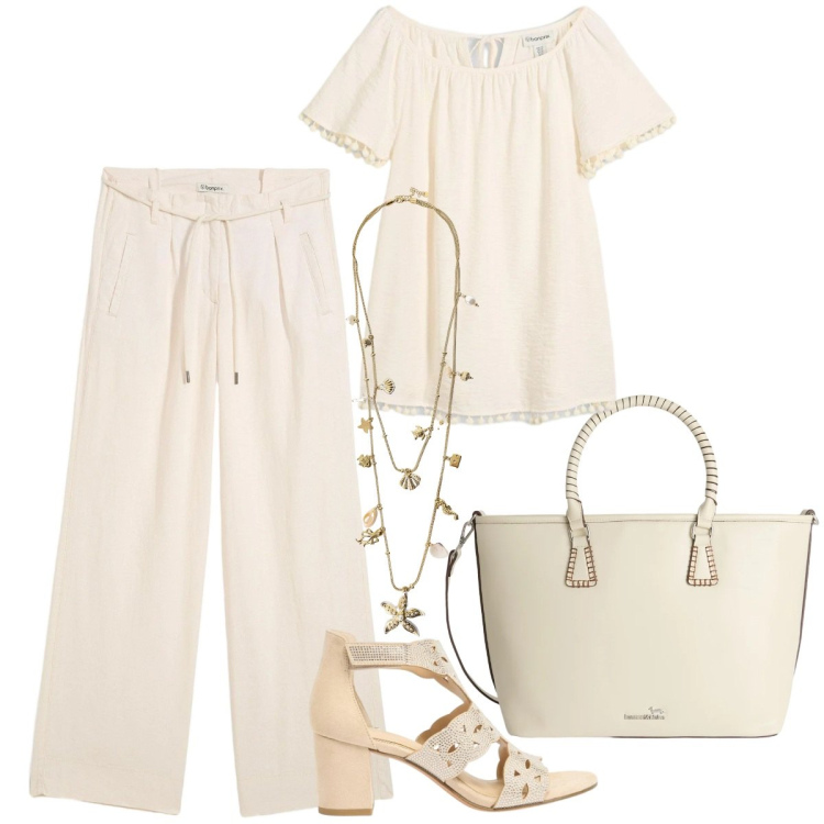 Outfit donna - Toni neutri e luminosi. Stile Casual chic per Tutti i giorni. Abbinamento con bluse, sandali col tacco, pantaloni, collane, shopping bag.