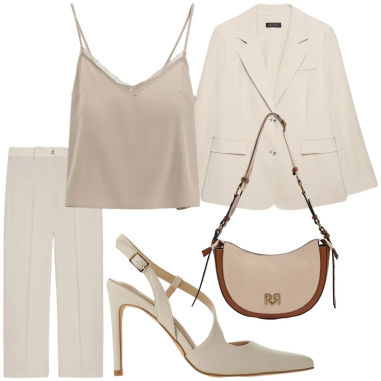 Outfit donna - Progetto panna. Stile Chic per Ufficio. Abbinamento con canottiere, décolleté, borse a tracolla, pantaloni, blazer.