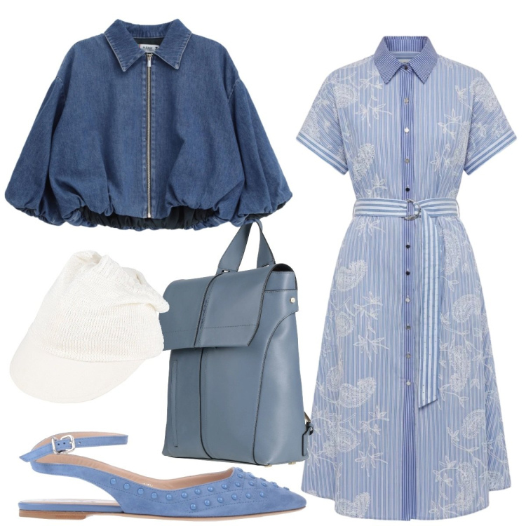 Outfit donna - Comodamente in città. Stile Preppy per Tutti i giorni. Abbinamento con ballerine, cappelli con visiera, zaini, vestiti chemisier, blazer.