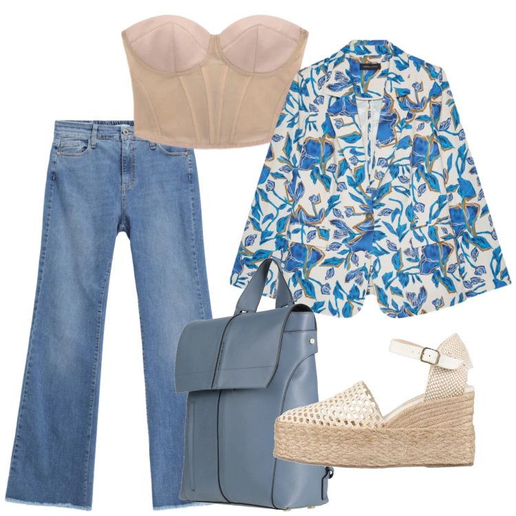 Outfit donna - Maggio. Stile Casual chic per Tutti i giorni. Abbinamento con espadrillas, zaini, top, jeans, blazer.