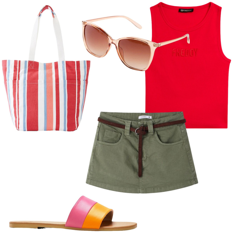 Outfit donna - Al mare in Maggio. Stile Sporty chic per Mare. Abbinamento con occhiali da sole, shopping bag, ciabatte, minigonne, top.