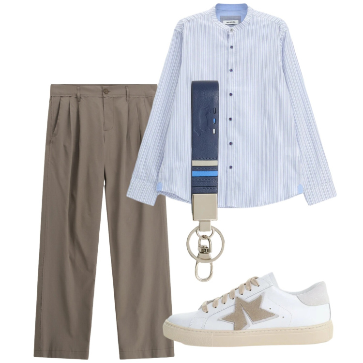 Outfit uomo - Stile rilassato di maggio. Stile Casual per Tutti i giorni. Abbinamento con sneakers, camicie, pantaloni, portachiavi.