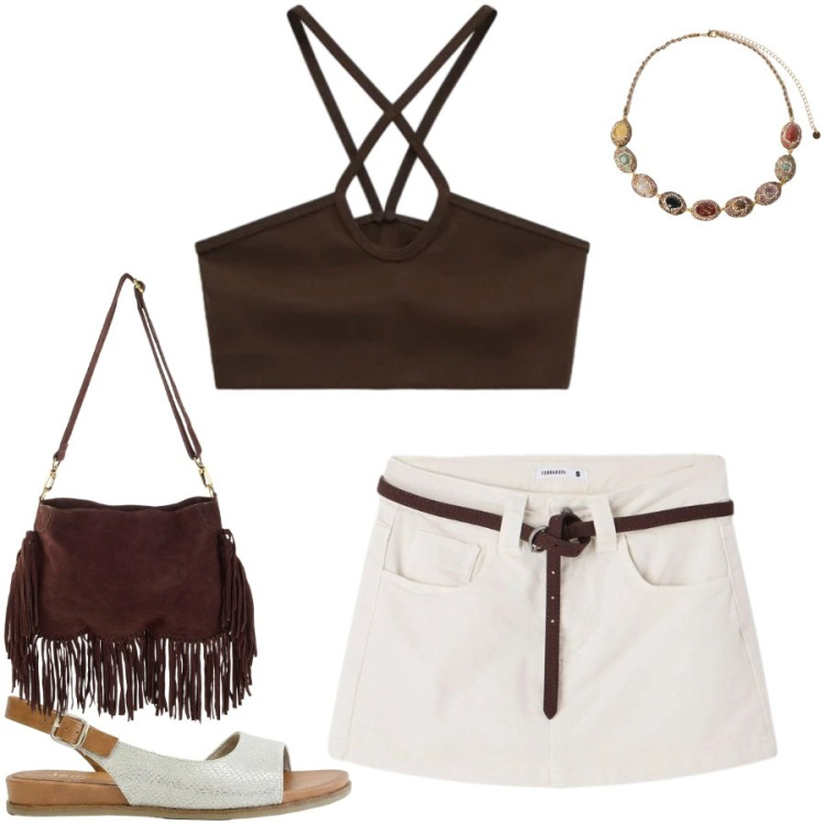 Outfit donna - Total look #2407164. Stile Casual chic per Tutti i giorni. Abbinamento con sandali, borse a tracolla, minigonne, top, collane.