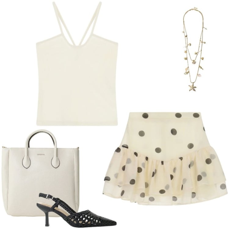 Outfit donna - Total look #2407166. Stile Casual chic per Tutti i giorni. Abbinamento con canottiere, minigonne, borse a tracolla, décolleté, collane.