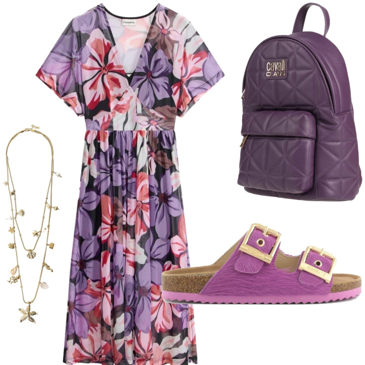Outfit donna - Malva e glicine. Stile Glamour per Tutti i giorni. Abbinamento con zaini, vestiti midi/longuette, collane, sandali in pelle.