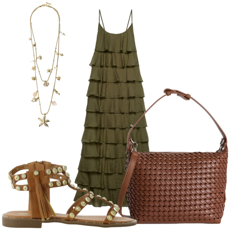 Outfit donna - Giornata della vita. Stile Trendy per Tutti i giorni. Abbinamento con vestiti lunghi, sandali, collane, borse a spalla.