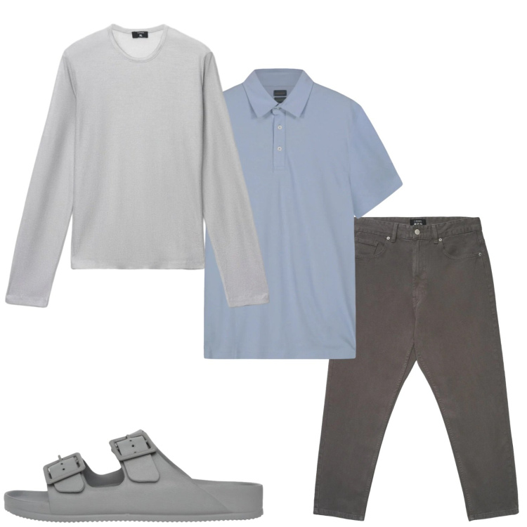 Outfit uomo - Disinvolto. Stile Trendy per Tutti i giorni. Abbinamento con maglieria, pantaloni, sandali, polo.