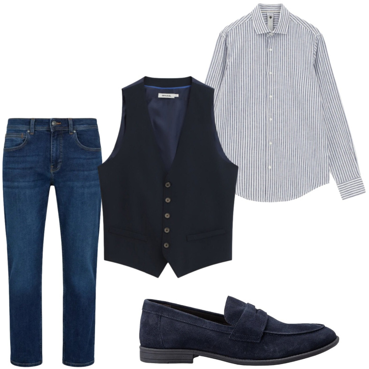 Outfit uomo - Dandy style. Stile Trendy per Ufficio. Abbinamento con camicie, gilet, jeans dritti, scarpe stringate.