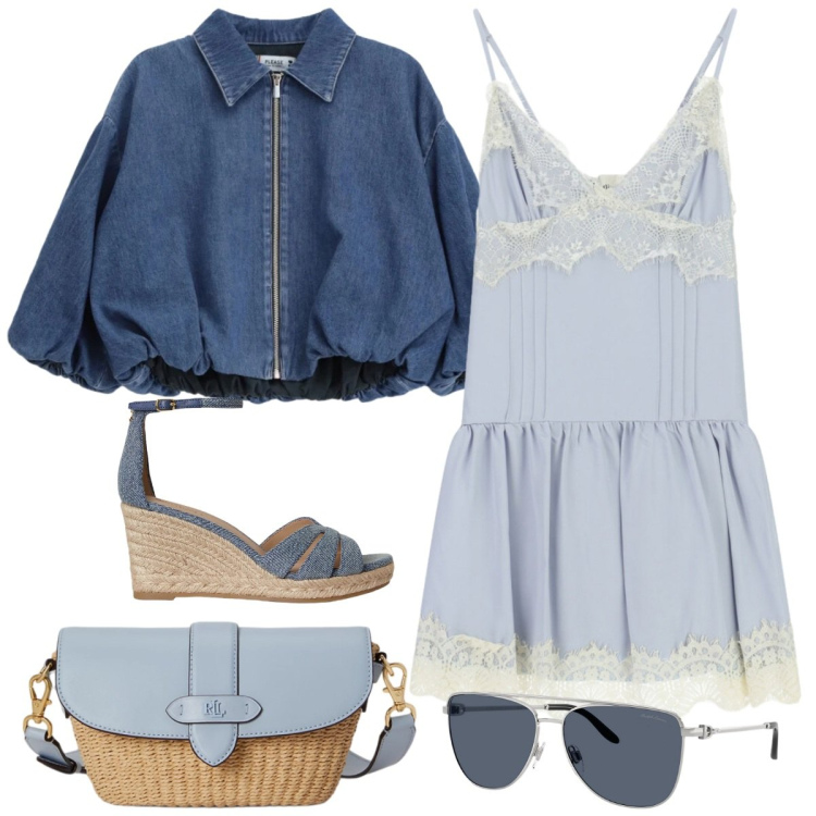 Outfit donna - Total look #2407176. Stile Casual chic per Tutti i giorni. Abbinamento con blazer, vestiti corti, borse a spalla, zeppe, occhiali da sole.