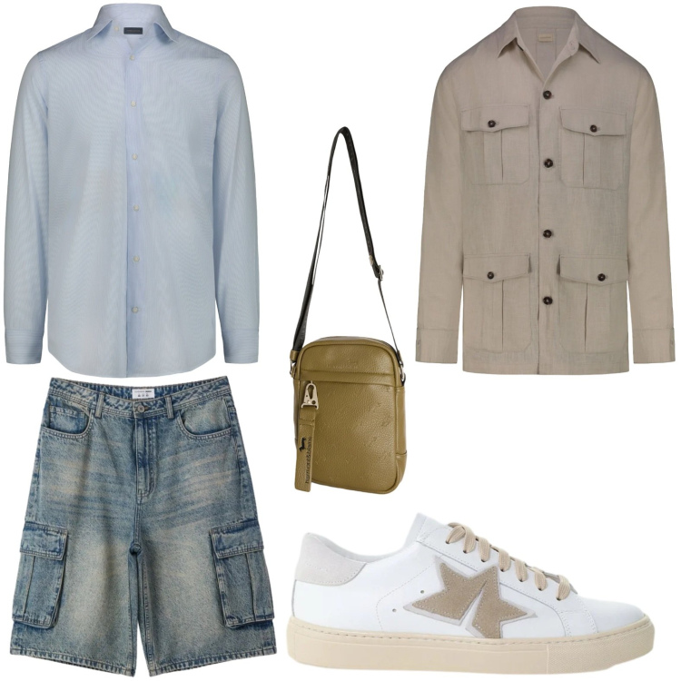 Outfit uomo - Effetto trendy. Stile Trendy per Tutti i giorni. Abbinamento con pantaloni corti, sneakers, borse sportive, camicie, cappotti.
