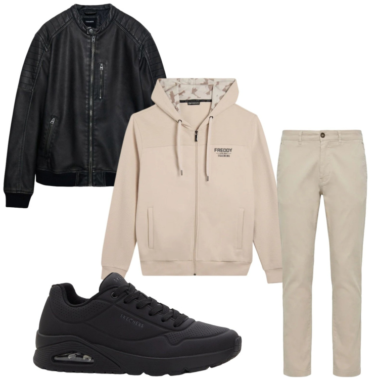 Outfit uomo - Casual rock. Stile Casual per Tutti i giorni. Abbinamento con sneakers, giacche, pantaloni, felpe con cappuccio.