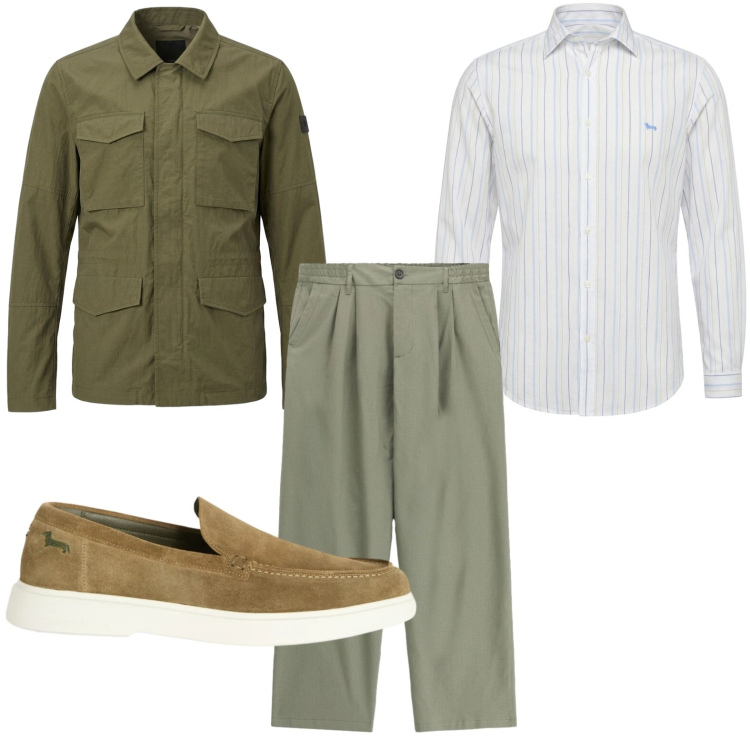 Outfit uomo - Green touch. Stile Casual per Tutti i giorni. Abbinamento con pantaloni, camicie, scarpe stringate, cappotti.