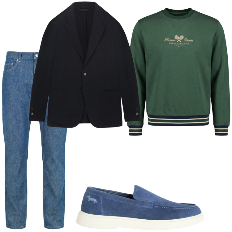 Outfit uomo - Jeans e blazer. Stile Trendy per Tutti i giorni. Abbinamento con jeans, felpe, scarpe stringate, giacche.