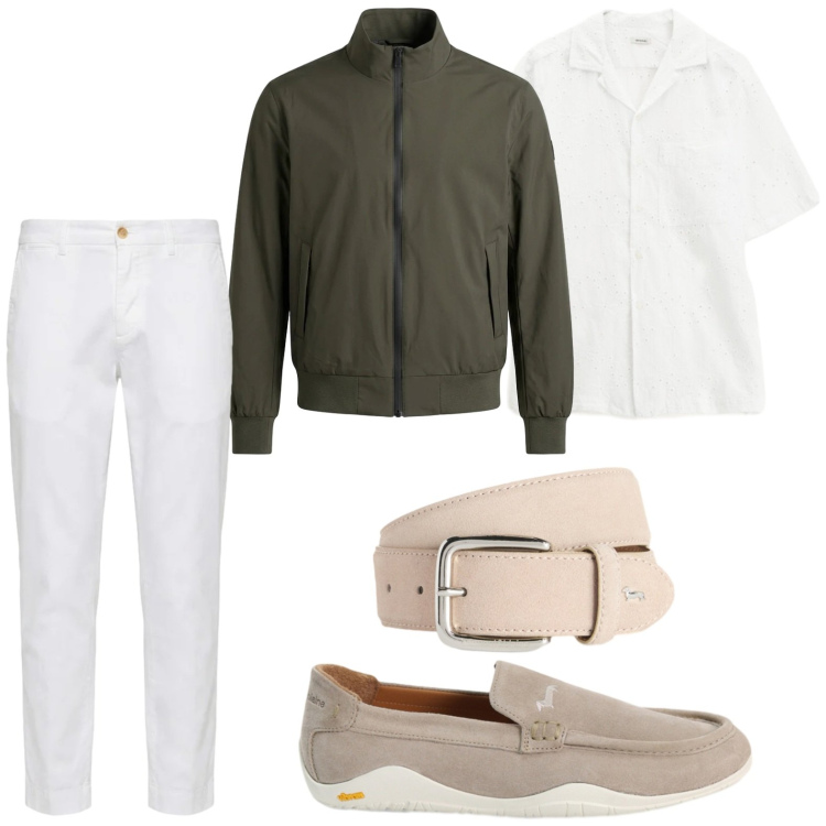 Outfit uomo - Trendy. Stile Trendy per Tutti i giorni. Abbinamento con camicie a manica corta, cinture, pantaloni chino, scarpe stringate, bomber.