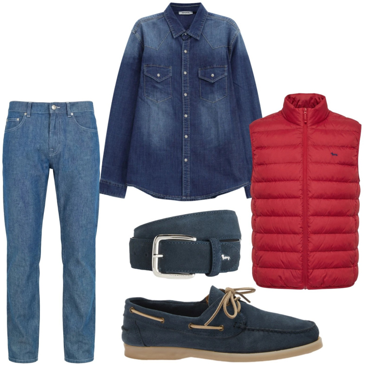 Outfit uomo - Giacca smanicata. Stile Casual per Tutti i giorni. Abbinamento con camicie, jeans, cinture, piumini, scarpe stringate.
