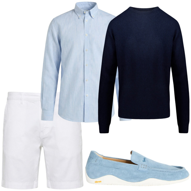Outfit uomo - Stile rilassato di maggio. Stile Trendy per Tutti i giorni. Abbinamento con scarpe stringate, camicie, bermuda, maglieria.