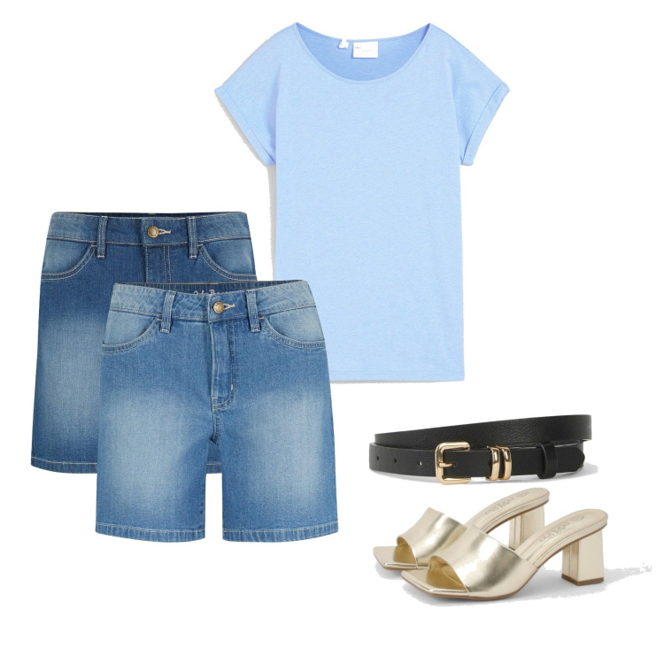 Outfit femme - Mules dorées a talon. Style Casual chic pour Tous les jours. Assortir avec t-shirts, ceintures, short, pantoufles.