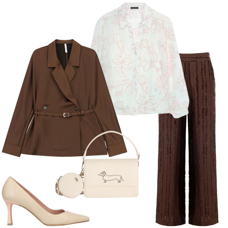 Outfit donna - Un outfit da ufficio. Stile Chic per Ufficio. Abbinamento con décolleté, pantaloni a palazzo, blazer, borse a tracolla, camicie.