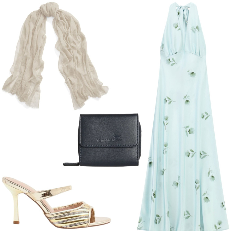 Outfit donna - L\'abito da sera. Stile Glamour per Cerimonia. Abbinamento con sciarpe, sabot, vestiti lunghi, portafogli.