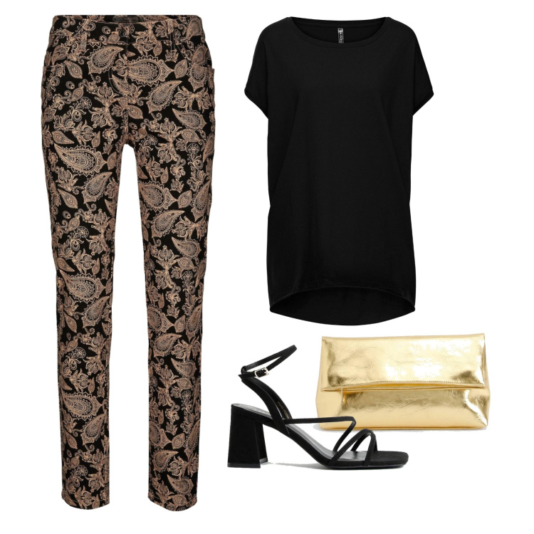 Outfit femme - Imprimé paisley. Style Boho pour Soirée dehors. Assortir avec t-shirts, pantalon , pochette, sandales à talon.