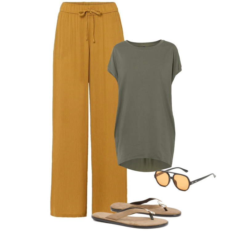 Outfit femme - Pantalon fluide. Style Boho pour Tous les jours. Assortir avec pantalon , t-shirts, lunettes de soleil, tong.