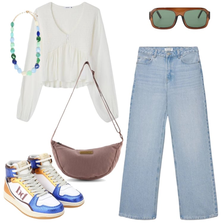 Outfit donna - Blusa più jeans. Stile Sporty chic per Tutti i giorni. Abbinamento con bluse, jeans, sneakers alte, occhiali da sole, collane, borse a tracolla.