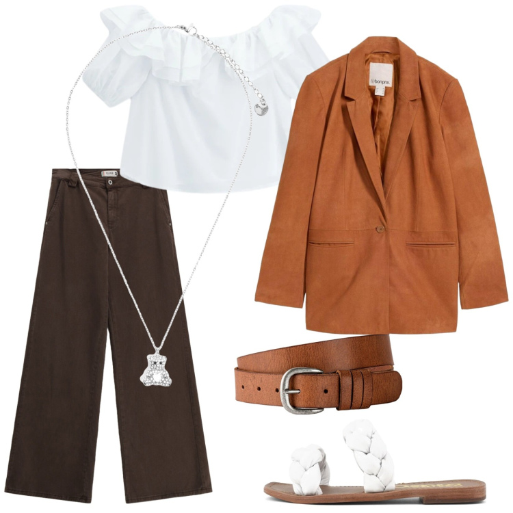 Outfit donna - Blusa estiva. Stile Casual per Tutti i giorni. Abbinamento con blazer, cinture, pantaloni a palazzo, bluse, ciondoli, ciabatte.