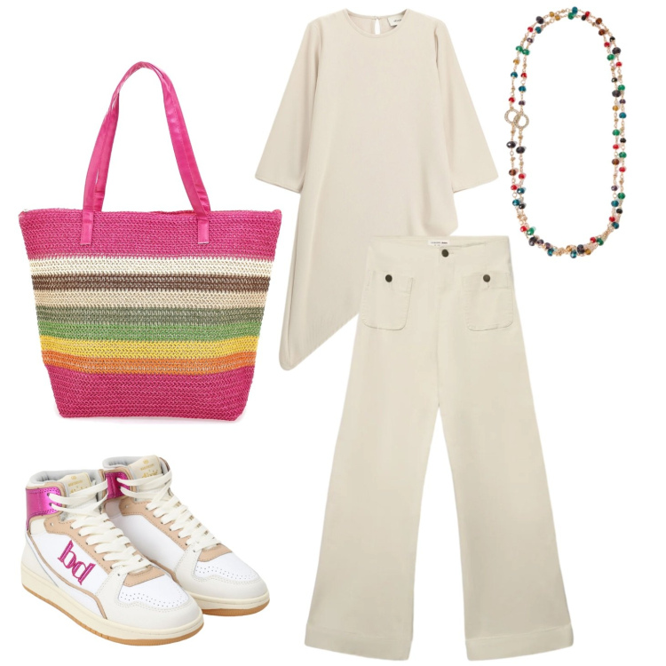 Outfit donna - Blusa più jeans 2. Stile Sporty chic per Tutti i giorni. Abbinamento con jeans, sneakers alte, bluse, collane, shopping bag.
