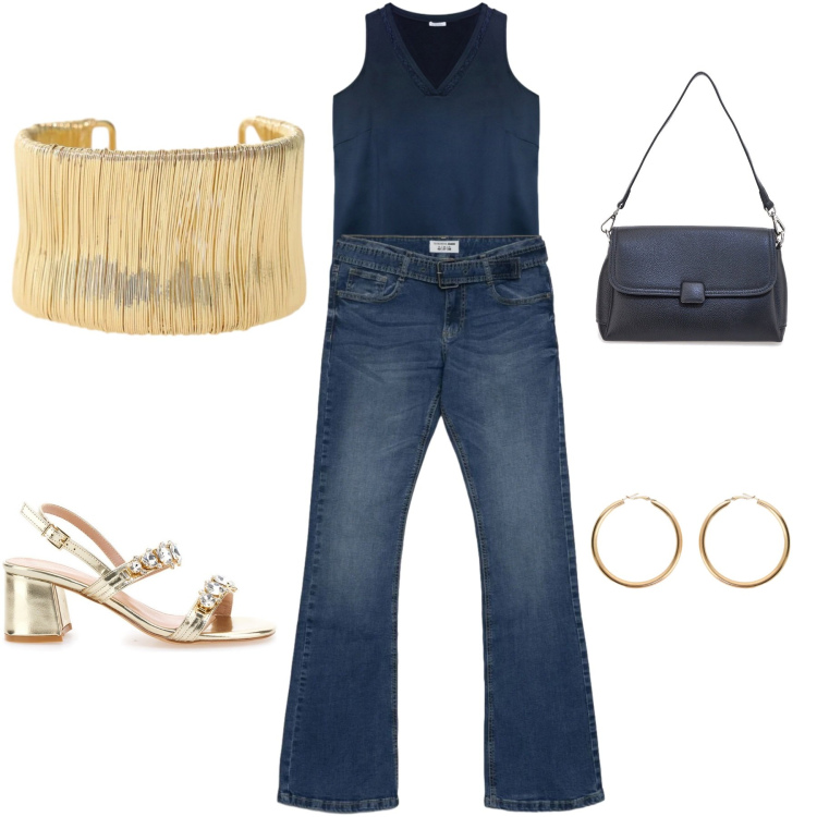 Outfit donna - Dailychic. Stile Casual chic per Serata fuori. Abbinamento con jeans a zampa, braccialetti, orecchini, top, sandali gioiello, borse a spalla.