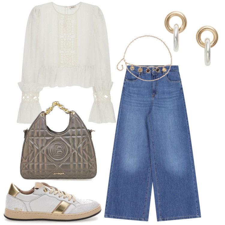 Outfit donna - Blusa più jeans 3. Stile Casual chic per Serata fuori. Abbinamento con cinture, orecchini, pantaloni a palazzo, bluse, sneakers, borse a mano.