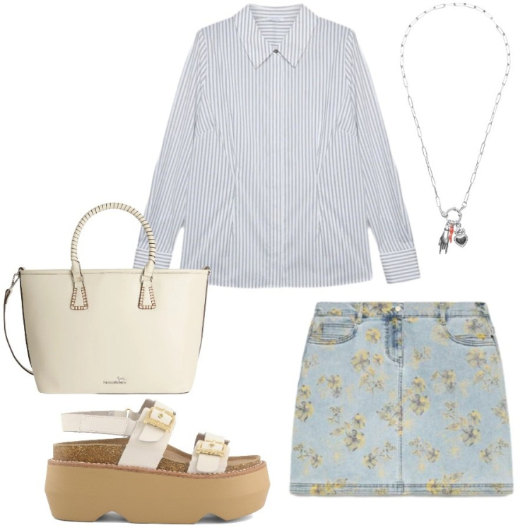 Outfit donna - Total look #2407209. Stile Casual chic per Tutti i giorni. Abbinamento con shopping bag, ciondoli, camicie, minigonne, zeppe.