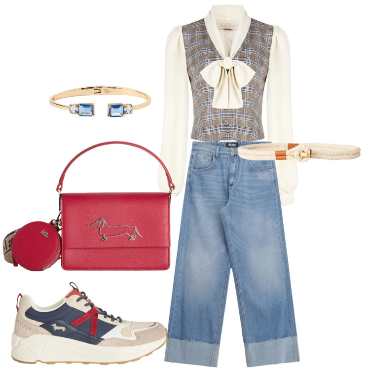 Outfit donna - Blusa più jeans 4. Stile Casual chic per Tutti i giorni. Abbinamento con bluse, sneakers, borse a tracolla, jeans, cinture, braccialetti.