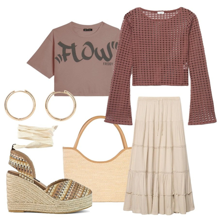 Outfit donna - Total look #2407212. Stile Casual chic per Tutti i giorni. Abbinamento con orecchini, shopping bag, gonne lunghe, maglieria, t-shirt, zeppe.