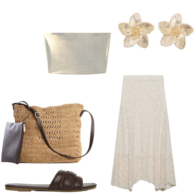 Outfit donna - Total look #2407215. Stile Casual chic per Tutti i giorni. Abbinamento con borse a tracolla, orecchini, ciabatte, top, gonne lunghe.