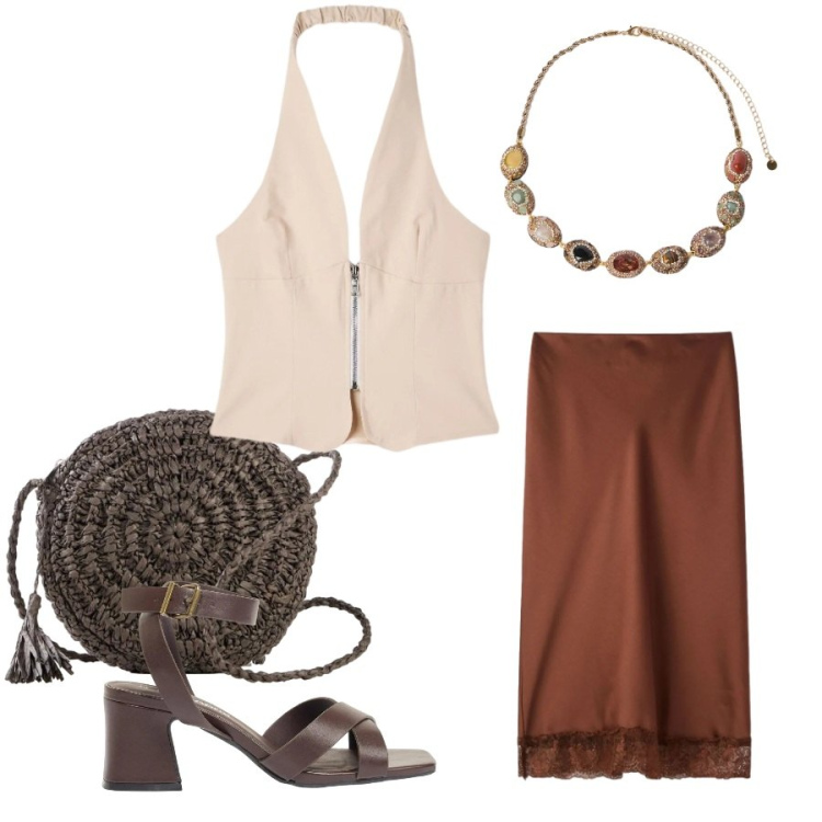Outfit donna - Total look #2407216. Stile Casual chic per Tutti i giorni. Abbinamento con sandali col tacco, borse a tracolla, gonne longuette, top, collane.
