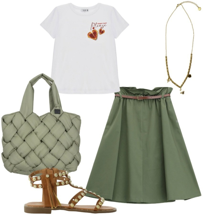 Outfit donna - Total look #2407221. Stile Casual chic per Tutti i giorni. Abbinamento con sandali, gonne longuette, t-shirt, ciondoli, borse tote.