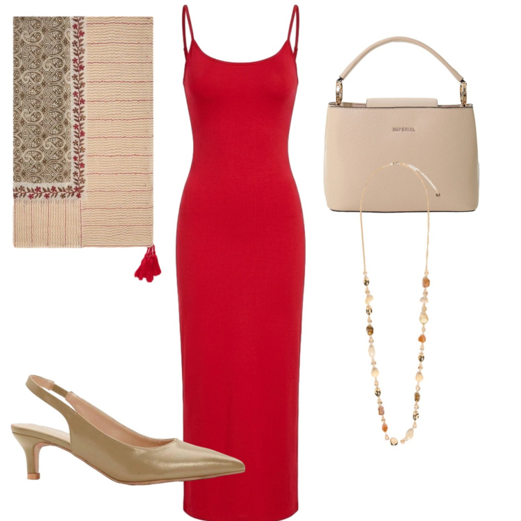 Outfit donna - Rosso Valentino. Stile Chic per Serata fuori. Abbinamento con décolleté, vestiti lunghi, borse a secchiello, sciarpe, collane.