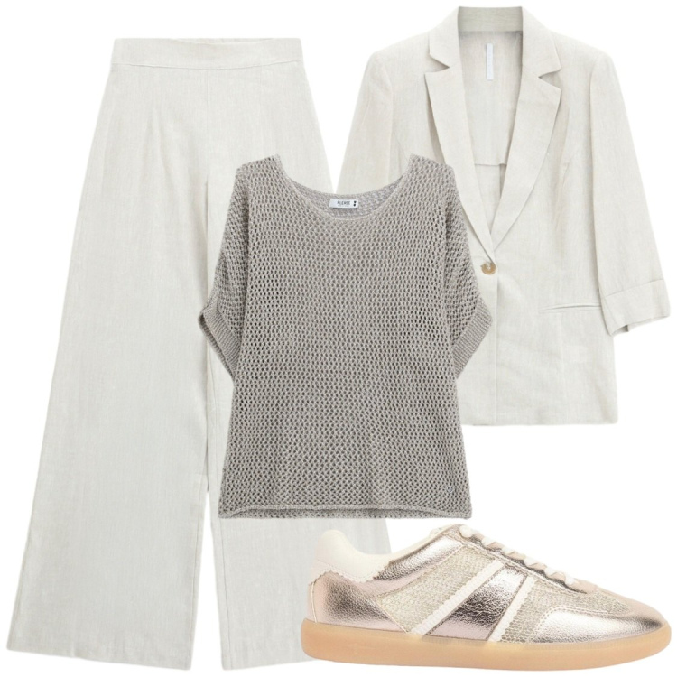 Outfit donna - Primavera. Stile Casual chic per Ufficio. Abbinamento con sneakers, blazer, pantaloni a palazzo, top.