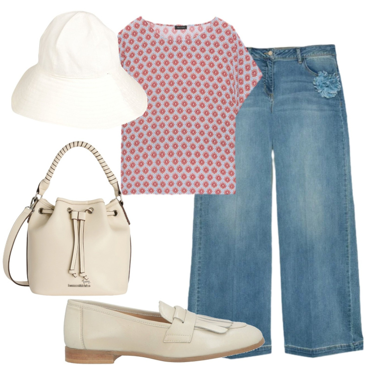 Outfit donna - Passeggiata in riva al lago. Stile Casual chic per Tutti i giorni. Abbinamento con cappelli, mocassini, borse a secchiello, jeans, t-shirt.