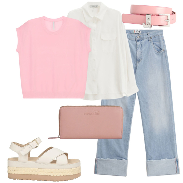 Outfit donna - Un tocco di rosa. Stile Casual chic per Tutti i giorni. Abbinamento con sandali in pelle, top, portafogli, cinture, jeans dritti, camicie.